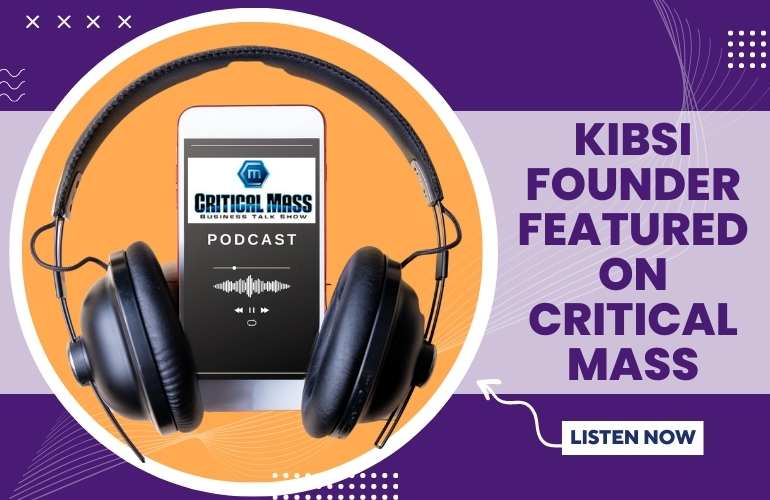computer vision blog cover that shows a headphone plugged into a cell phone showing the critical mass podcast logo with the title of the blog called Kibsi founder featured on critical mass