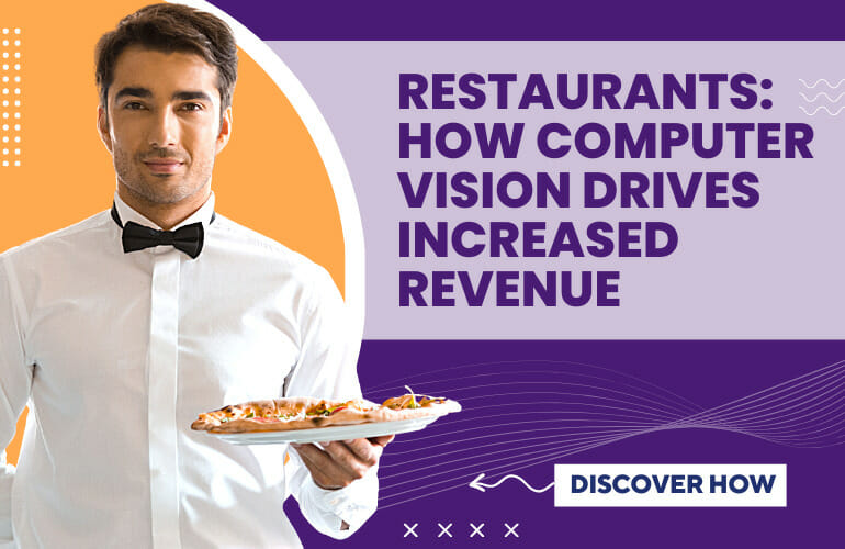 blog cover that shows a waiter with a bow tie and the side reads restaurants: how computer vision drives increased revenue on a purple background