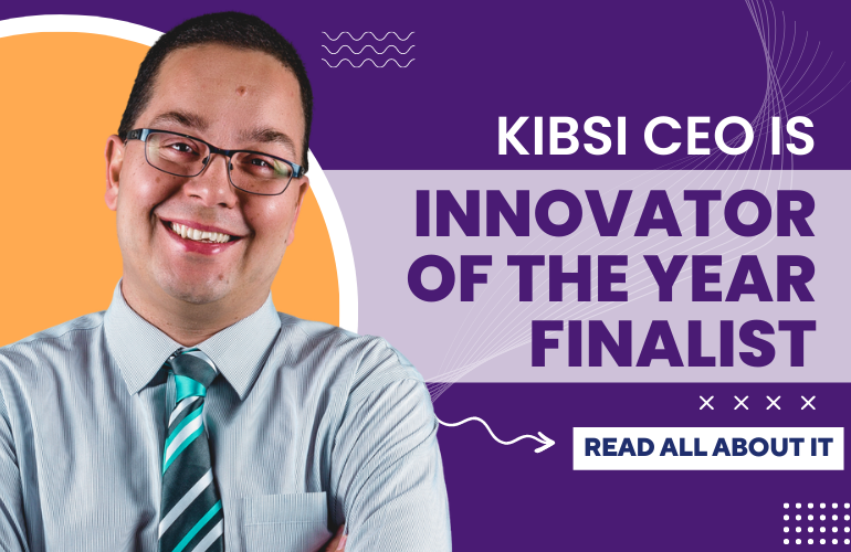 computer vision blog cover that shows the Kibsi ceo with the words that say Kibsi ceo is innovator of the year finalist with a purple background and a yellow half circle to the left