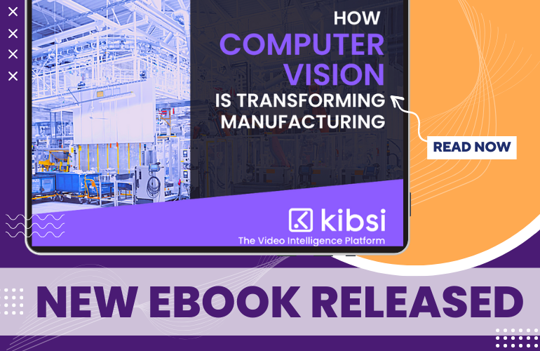 computer vision blog cover with a picture of a manufacturing plant in the background that has text that reads how computer vision is transforming manufacturing then below it announces that a new ebook has been released