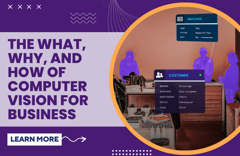 blog cover that shows 3 people in a shop with a sign that reads the what, why and how of computer vision for business on a purple background