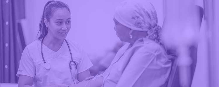 Doctor interacting with a female patient with a purple overlay