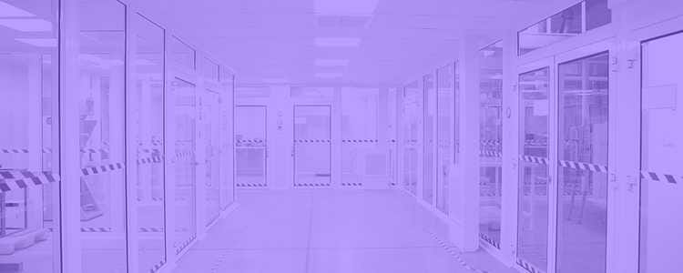 long hallway in a medical building with tight security in a purple overlay