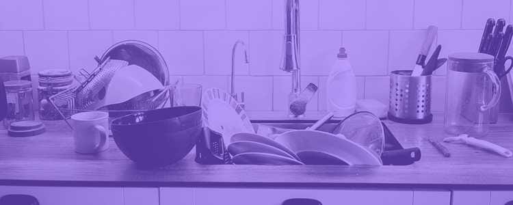 A sink with dirty dishes with purple overlay