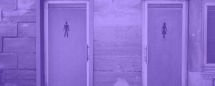two restrooms, one man door and one female door in purple overlay