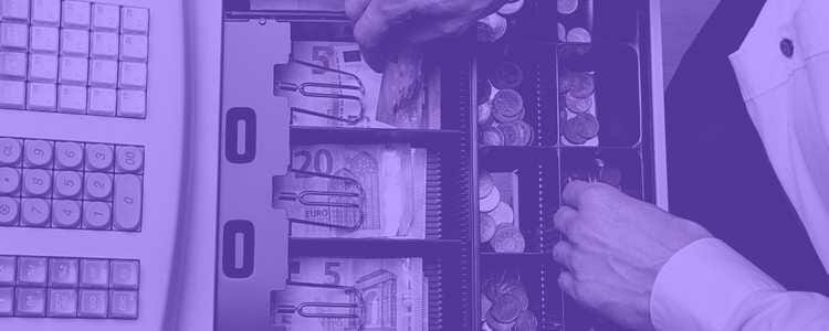cashier putting money into the cash register in a purple overlay