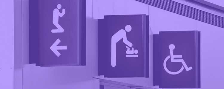 3 airport signs showing a handicap sign, church and family restroom in a purple overlay